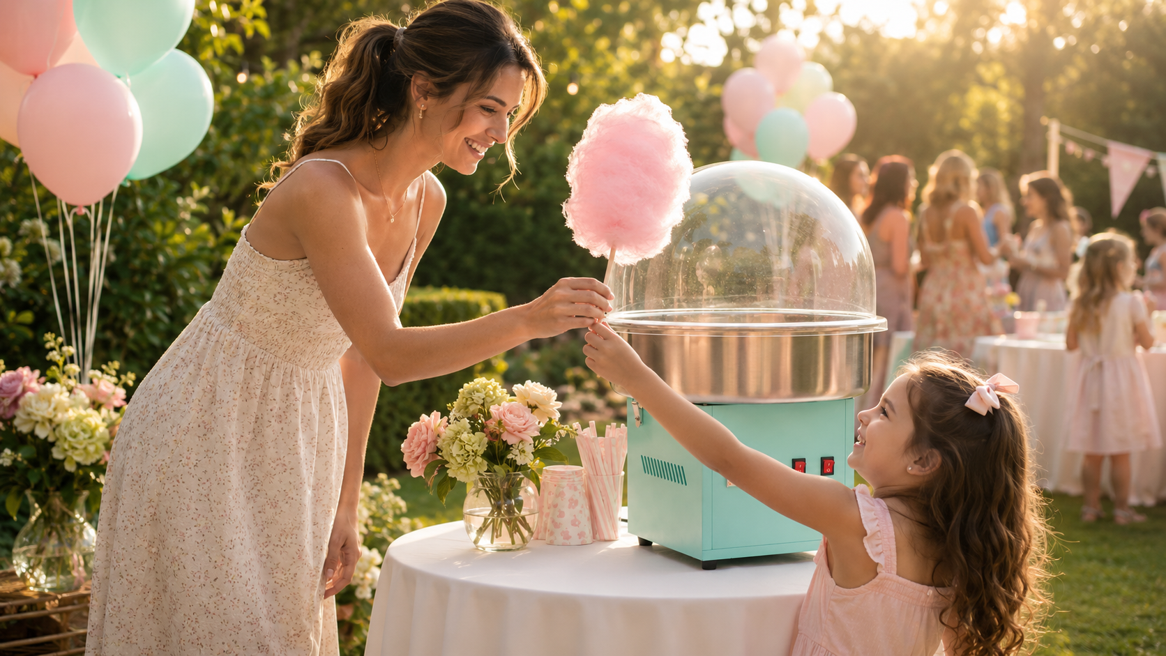Mutter reicht ihrer Tochter eine pinke Zuckerwatte auf einer pastellig dekorierten Gartenparty