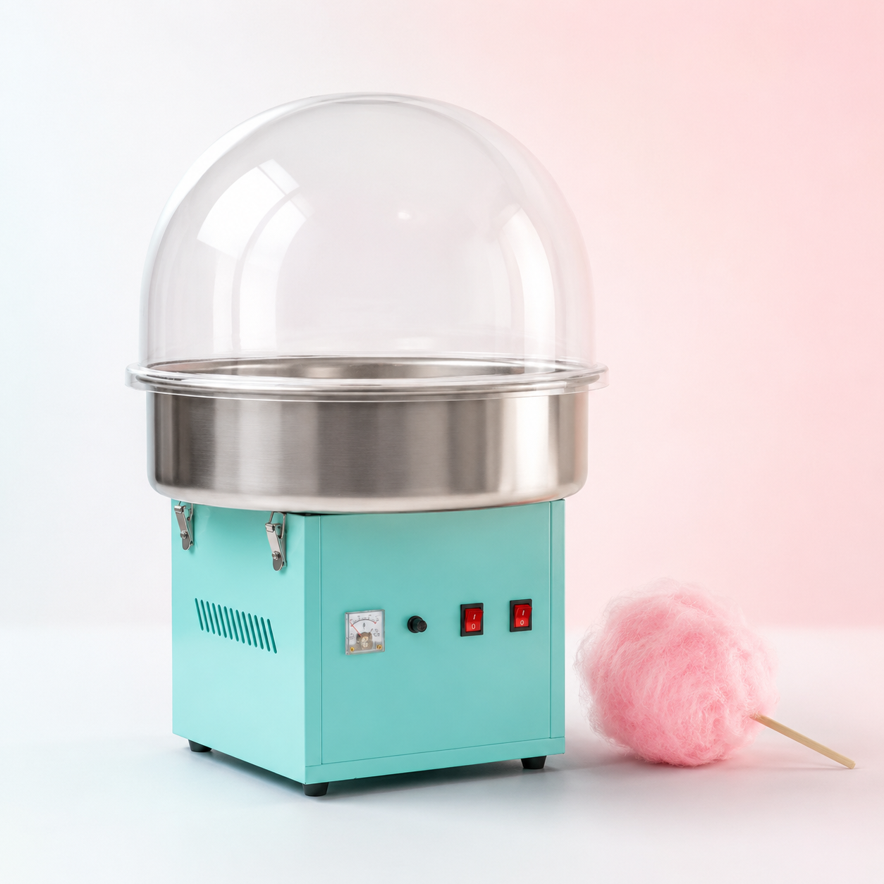 Mintgrüne Zuckerwattemaschine mit transparenter Kuppel und einer pinken Zuckerwatte auf einem Stäbchen daneben